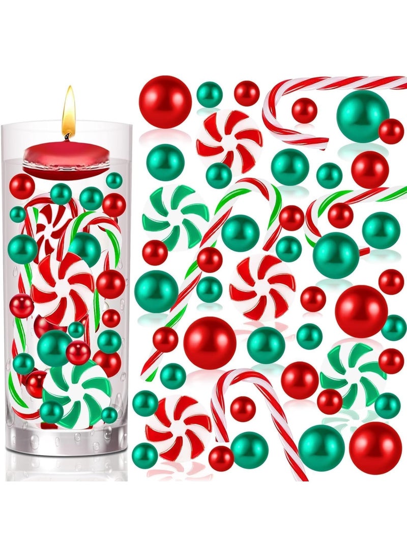 CLENEA مجموعة 175 قطعة من حشوات مزهريات عيد الميلاد، لآلئ صناعية عائمة، خرز لؤلؤي أخضر وأحمر على شكل عصا حلوى، خرز أكريليك مزخرف للمزهريات والطاولات والحفلات وديكور المنزل في موسم الأعياد - Image 1